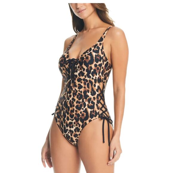 Bar III Women's Lace-Up Brown & Black Cheetah Print One Piece Swimsuit Small NWT - Picture 2 of 4